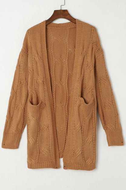 Ribbed Trim Eyelet Cable Knit Cardigan | Khaki