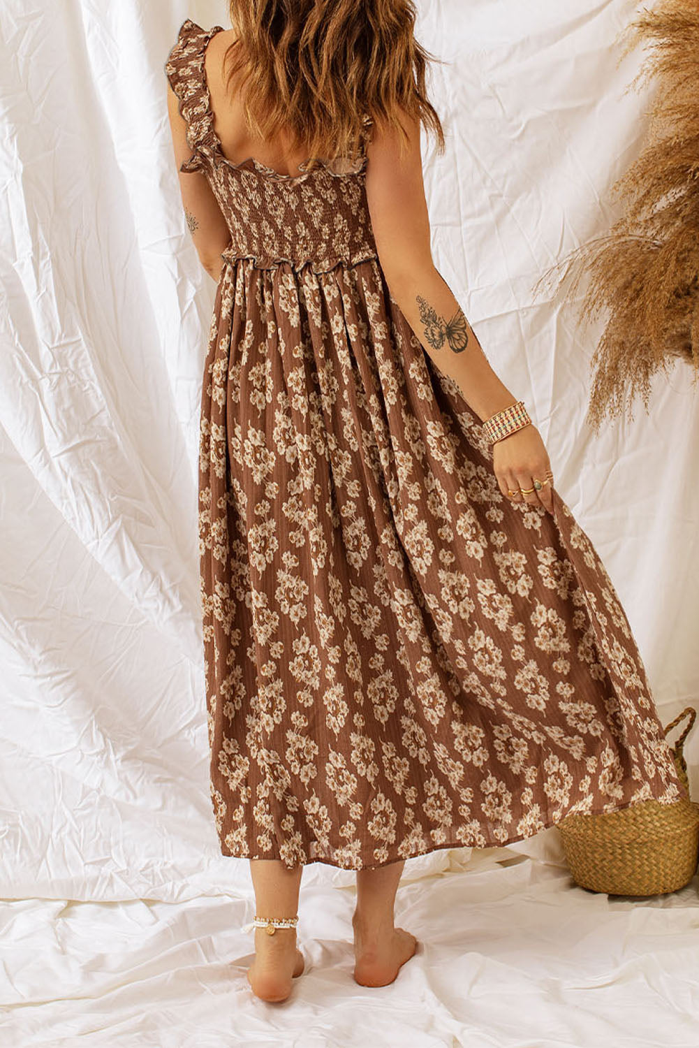 Ruffled Straps Smocked Floral Maxi Dress | Brown