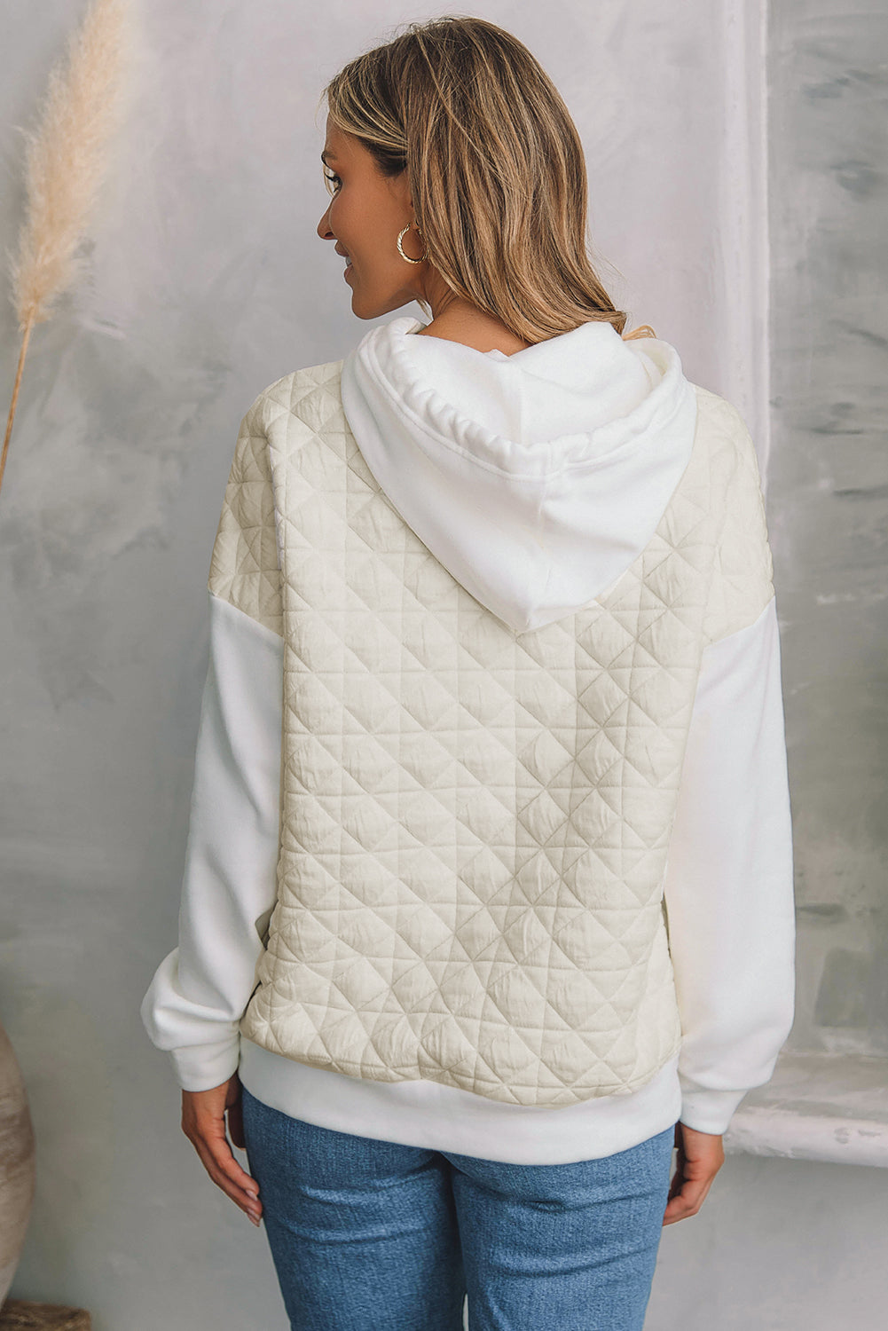 Drop Shoulder Quilted Patchwork Kangaroo Pocket Hoodie | Beige