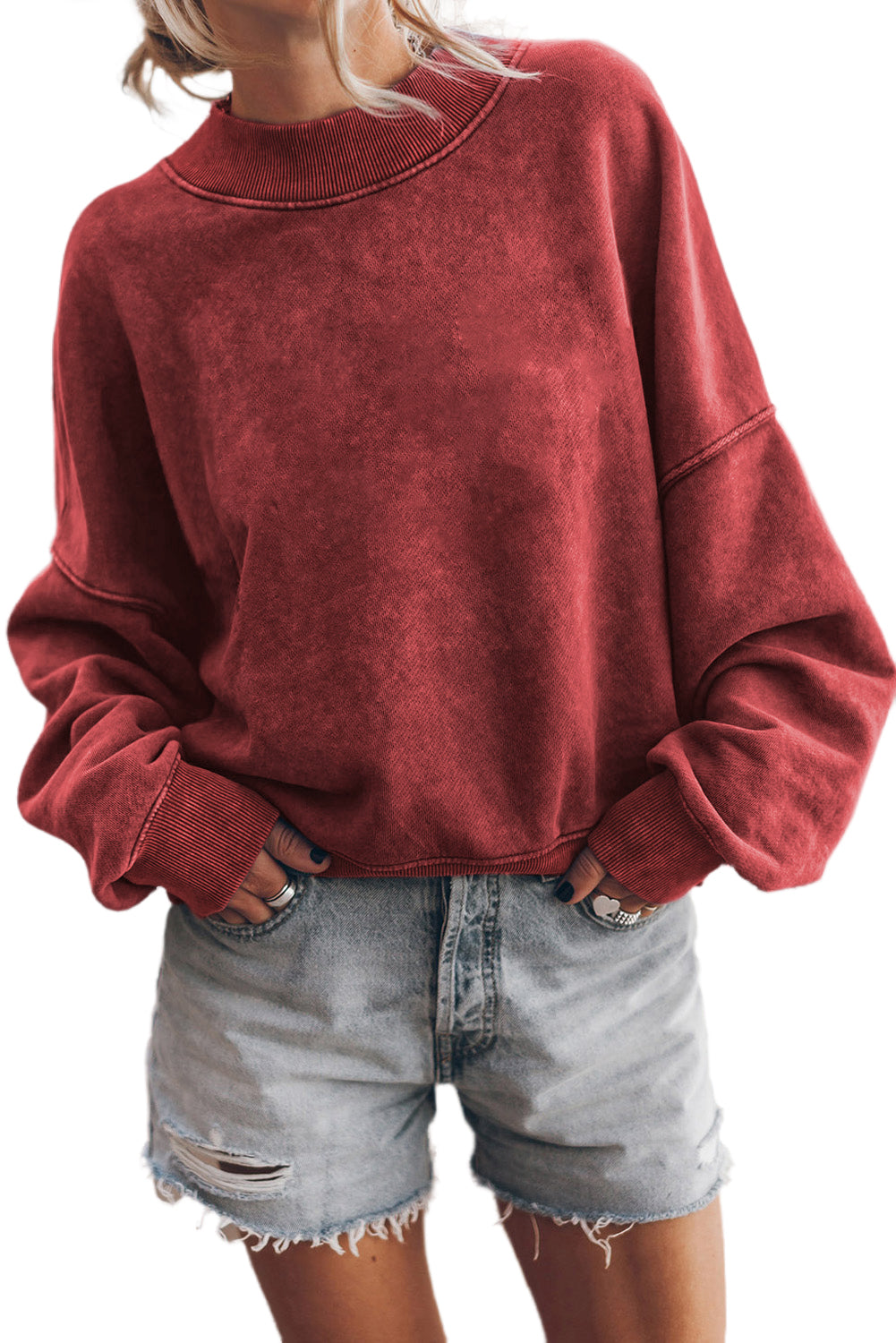 Drop Shoulder Crew Neck Pullover Sweatshirt | Red Dahlia