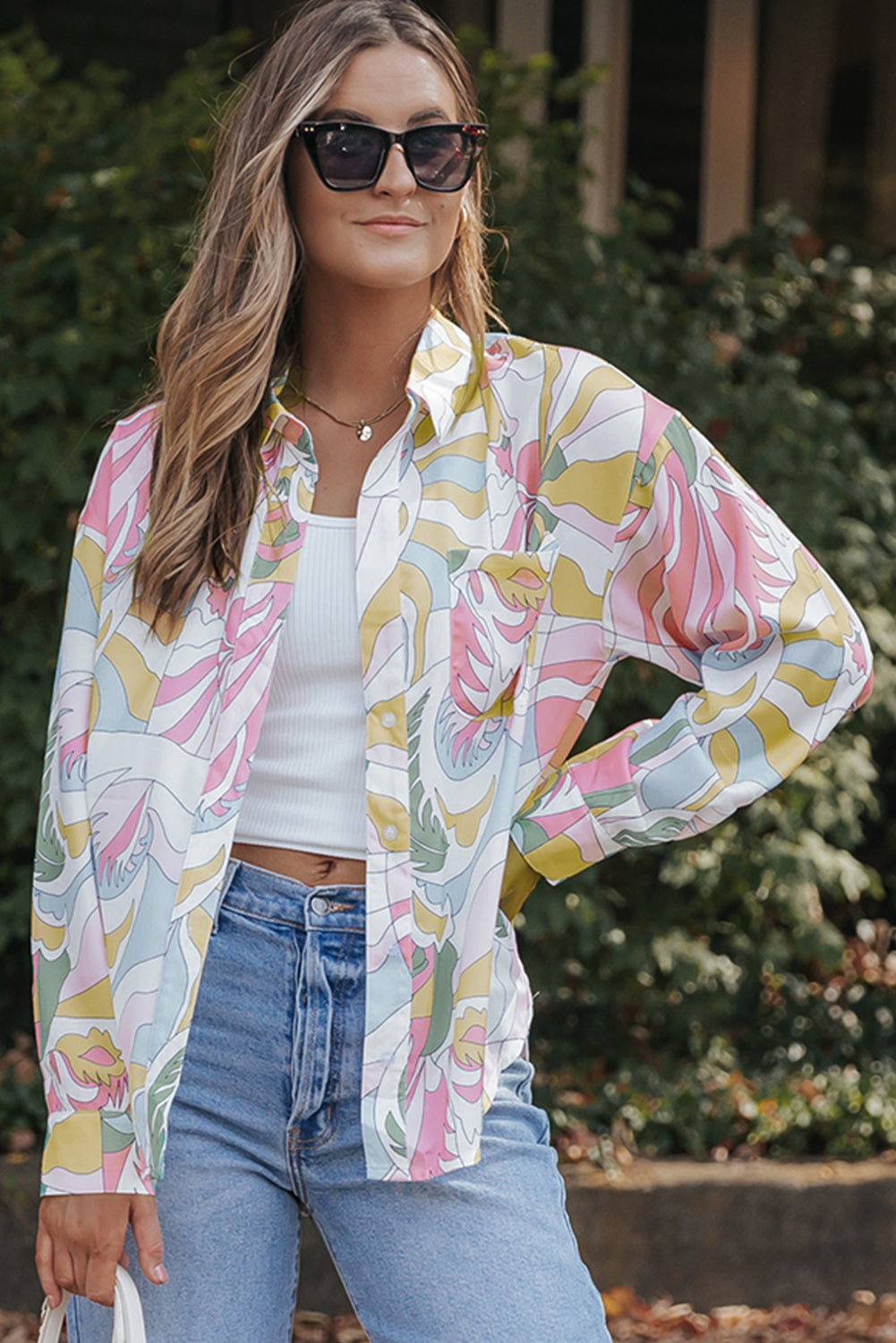 Multicolor Abstract Printed Turn-Down Collar Loose Shirt