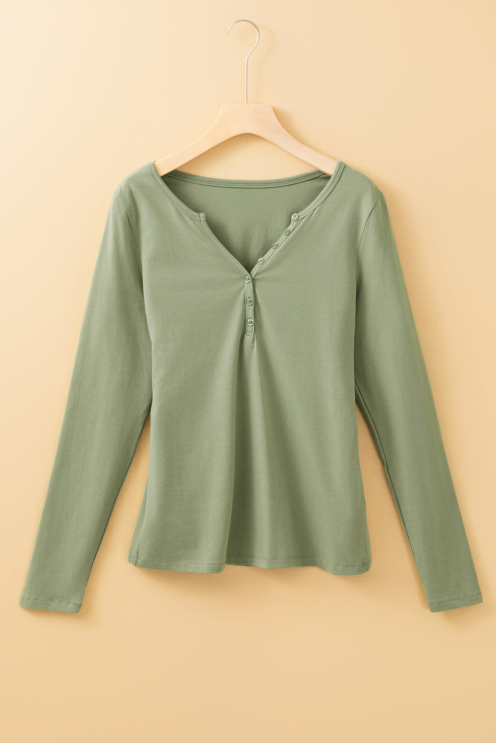 Long Sleeve Buttons V Neck Slim Fit Top | Laurel Green