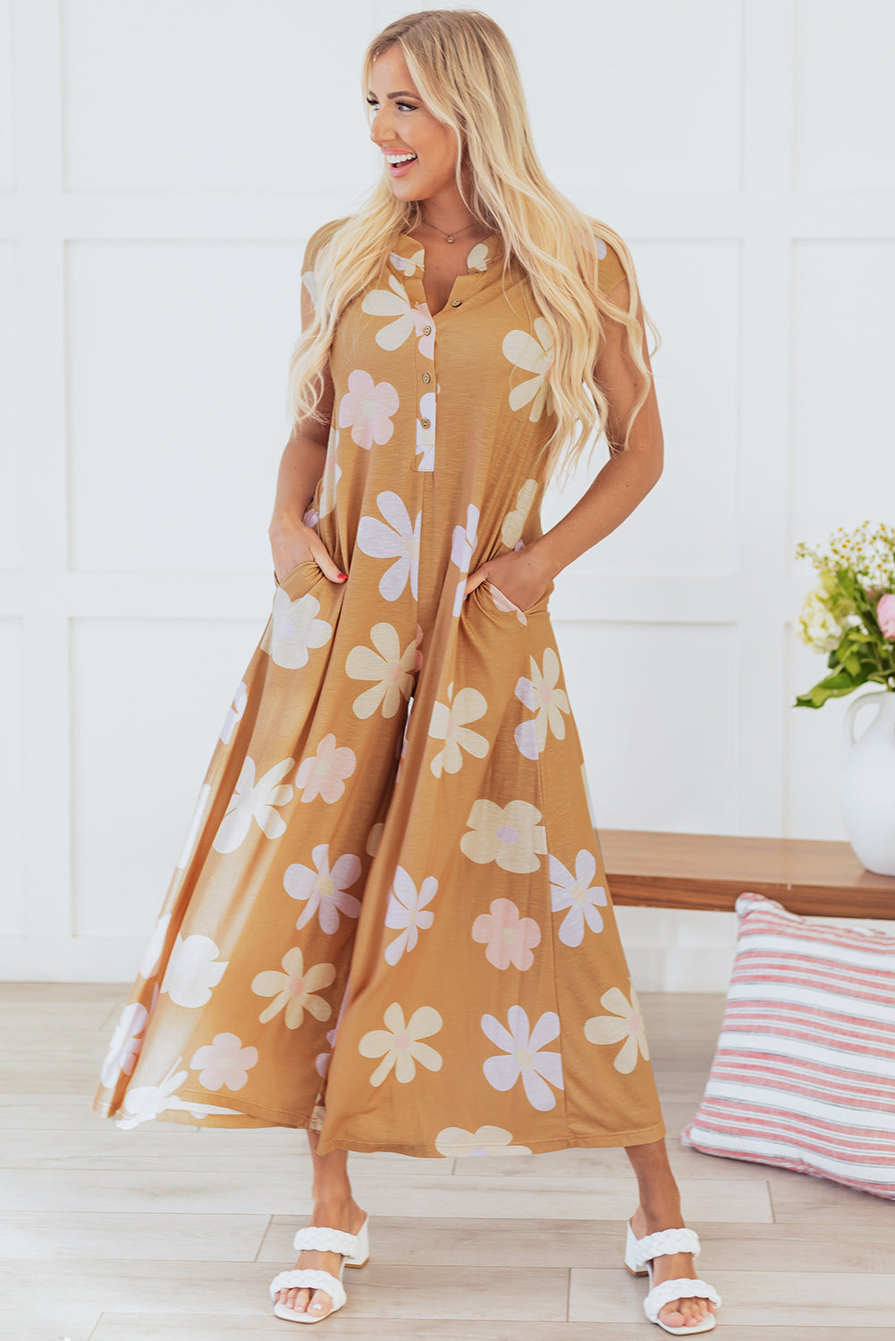 Floral Print Sleeveless Button Up Wide Leg Loose Jumpsuit | Khaki