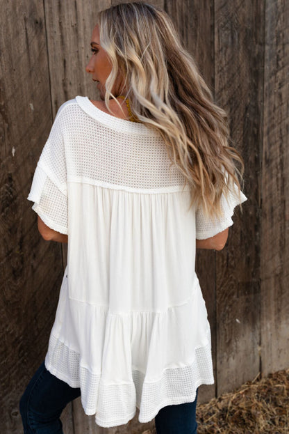 Contrast Knit Splicing V Neck Studded Blouse | White