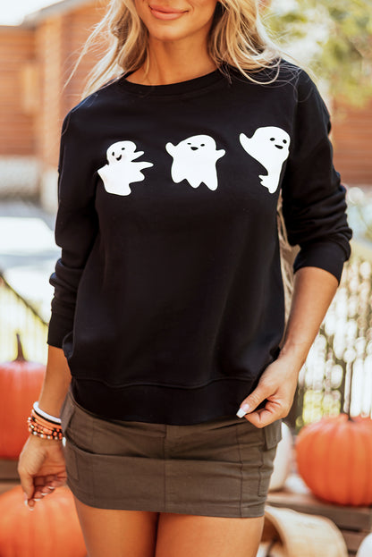 Halloween Ghosts Print Round Neck Sweatshirt | Black