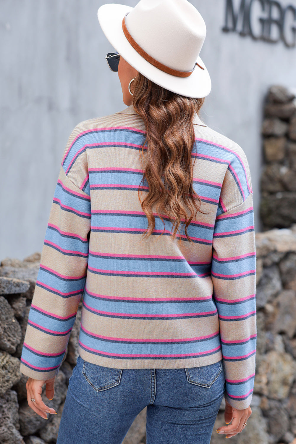 Collared V Neck Drop Shoulder Loose Sweater | Apricot Stripe