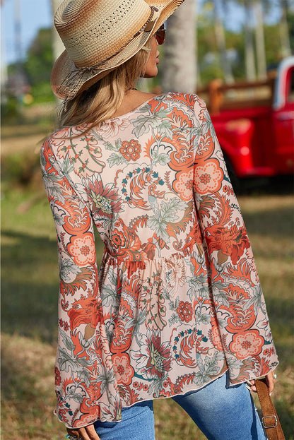 Floral Print Deep V Neck Knot Bell Sleeve Blouse | Orange