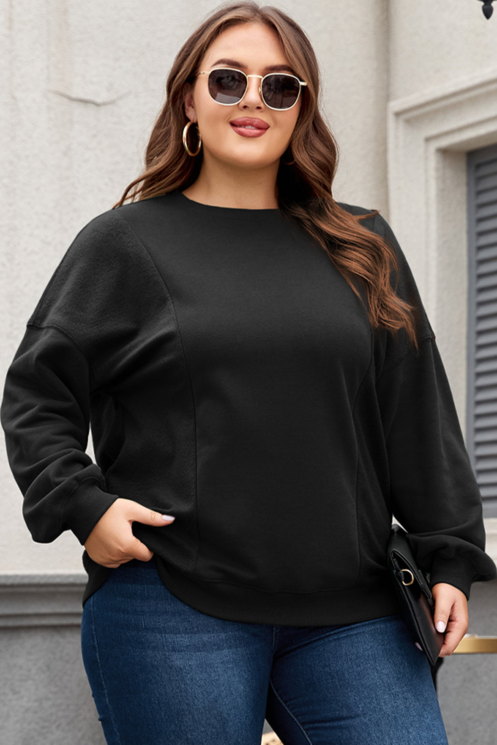 Loose Patchwork Crewneck Plus Size Sweatshirt | Black