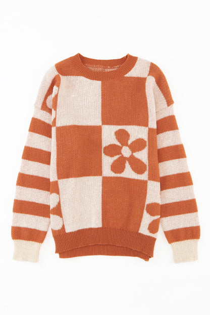 Checkered Floral Print Striped Sleeve Sweater | Brown