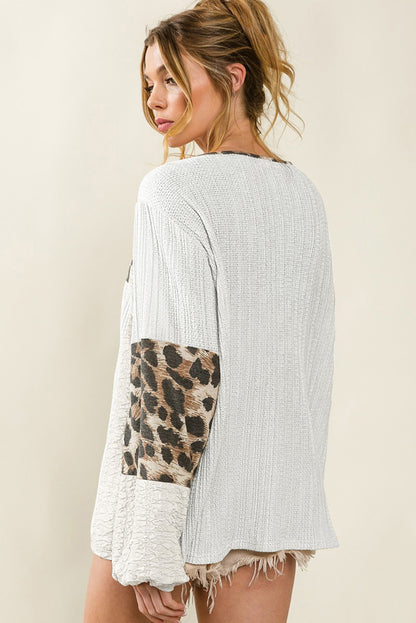 Leopard Patch Puff Sleeve Textured Blouse | White