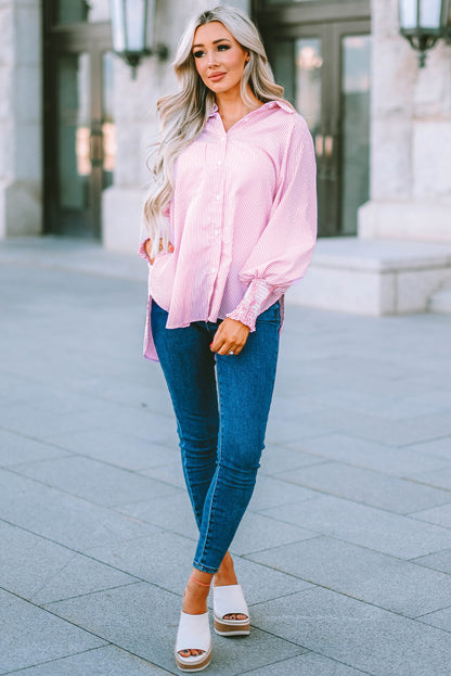 Smocked Cuffed Striped Boyfriend Shirt With Pocket | Pink