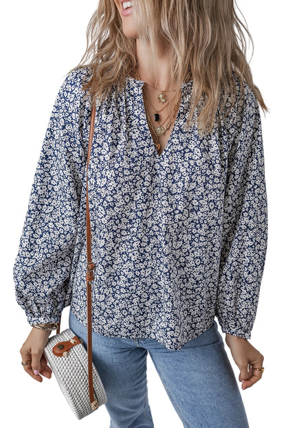 Floral Print Notched V Neck Puff Sleeve Blouse | Blue