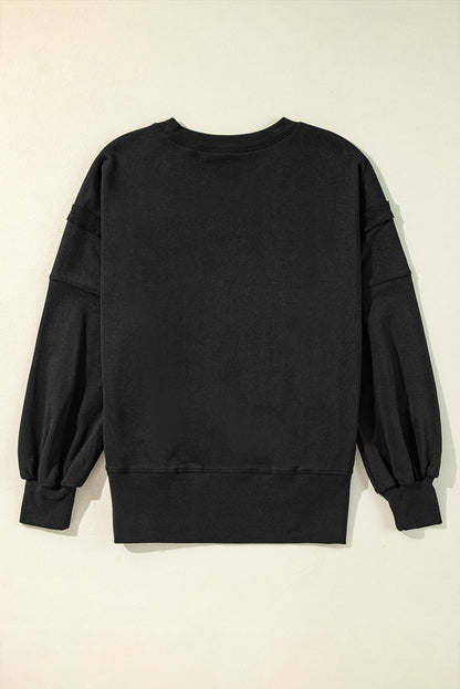 Exposed Seam Drop Shoulder Round Neck Sweatshirt With Slits | Black