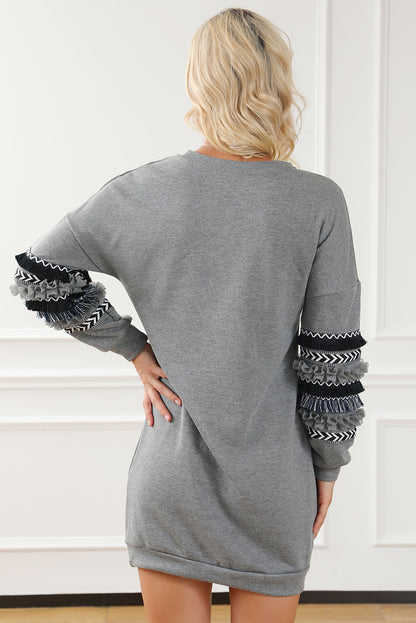 Printed Fringed Ruffled Accent Sweatshirt Dress | Dark Grey