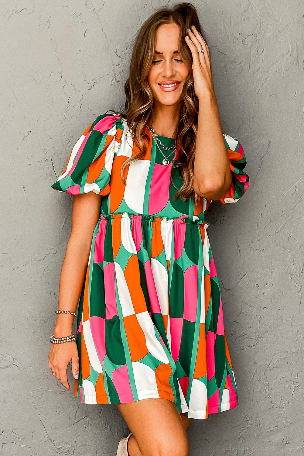 Abstract Print Puff Sleeve Short Dress | Green