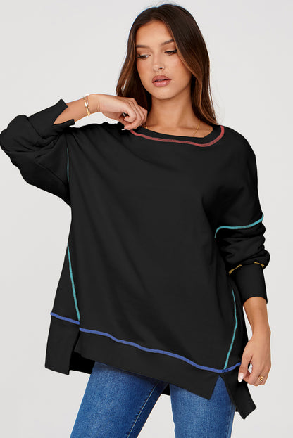 Contrast Stitching Split Baggy Sweatshirt | Black