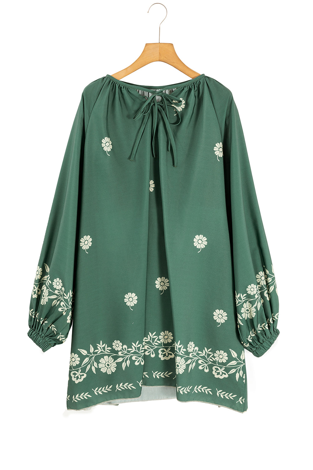 Tie Neck Boho Floral Pattern Puff Sleeve Shift Dress | Mist Green