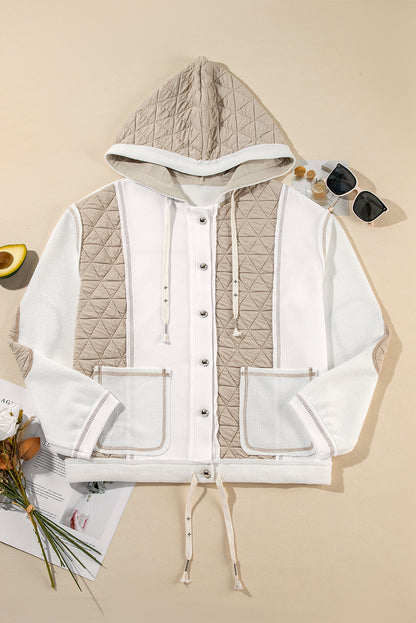 Quilted Textured Patchwork Loose Fit Hooded Jacket | Beige