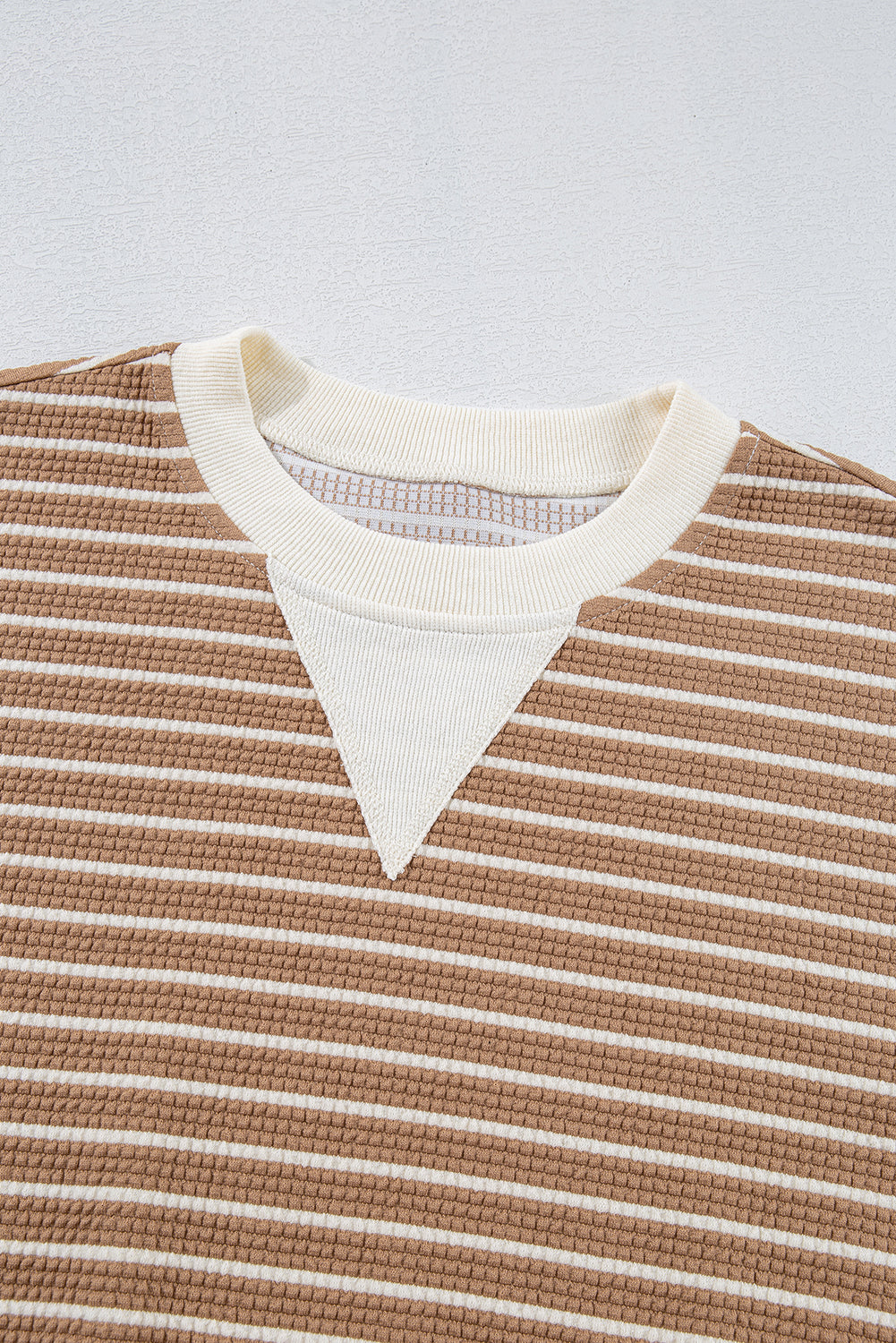 Patched Edge Textured Round Neck Long Sleeve Top | Khaki Stripe