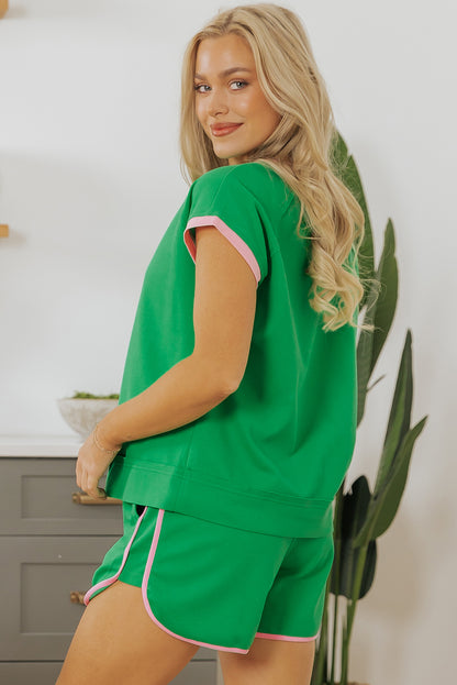 Two Tone Contrast Textured Crewneck Tee And Shorts Set | Bright Green