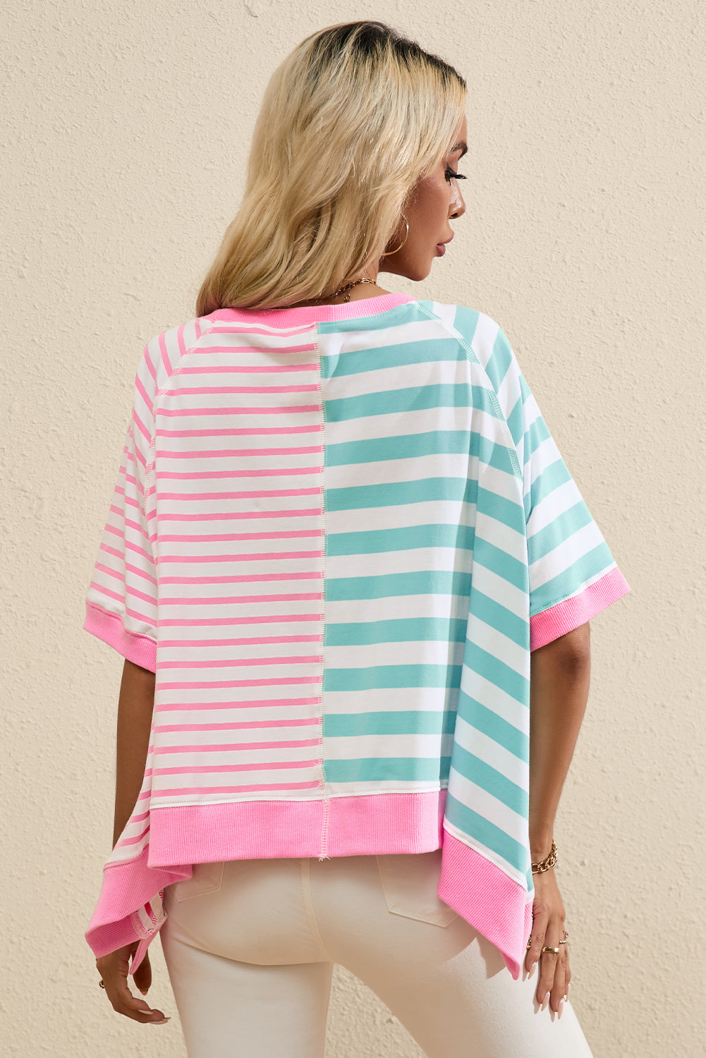 Contrast Patchwork Oversized T Shirt | Pink Stripe