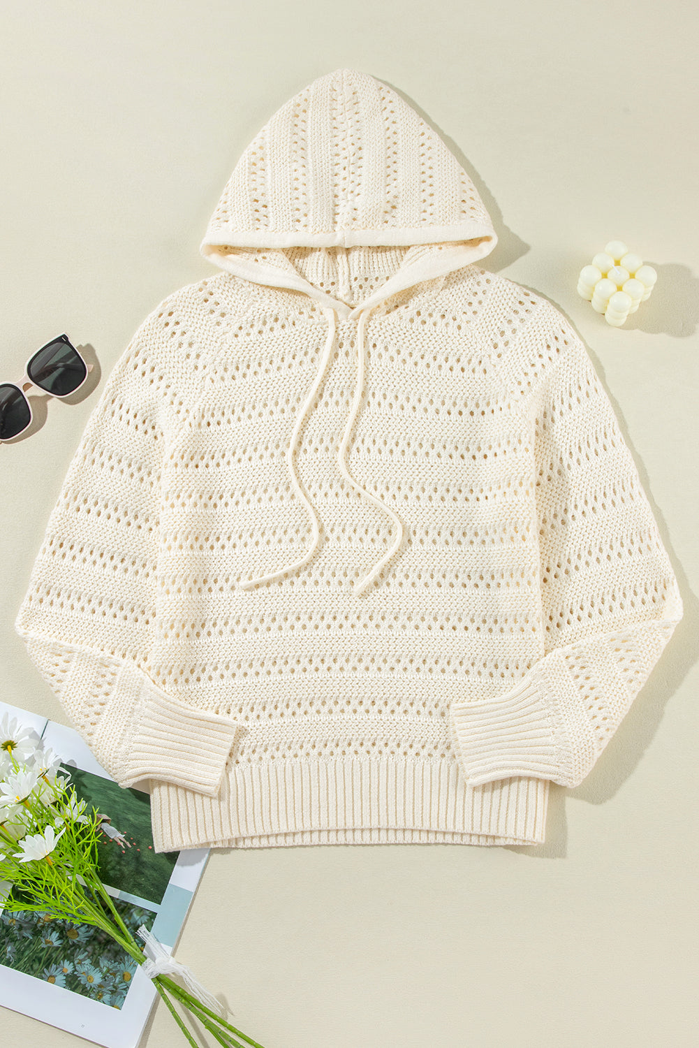 Pointelle Knit Raglan Sleeve Hooded Sweater | White