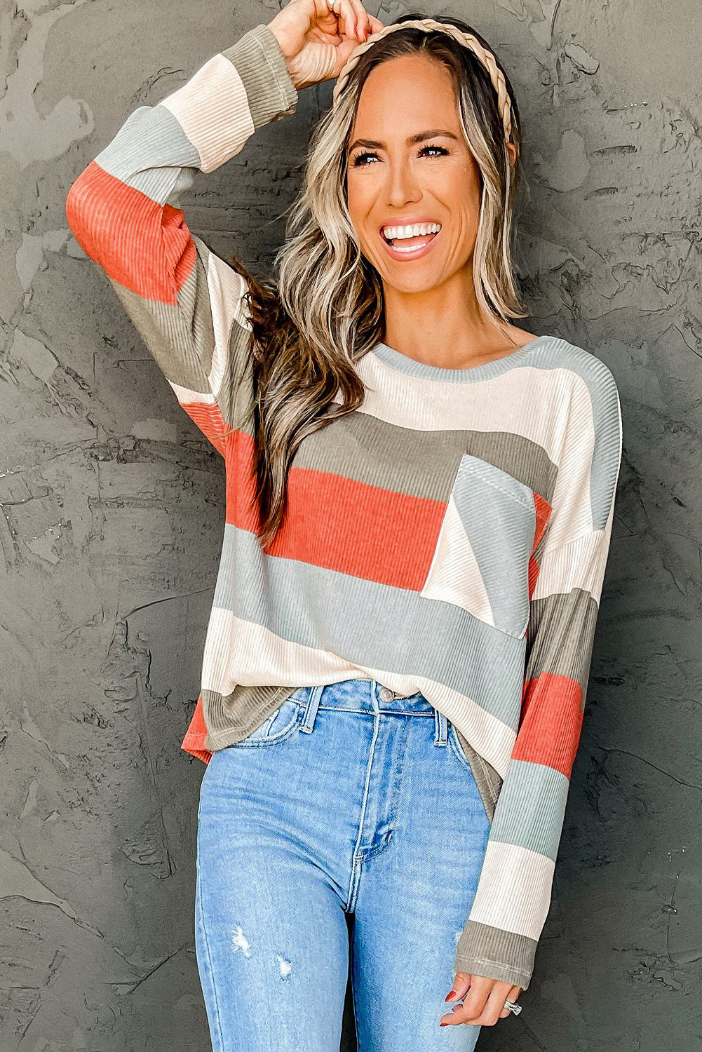 Striped Colourblock Ribbed Knit Top With Pocket | Red