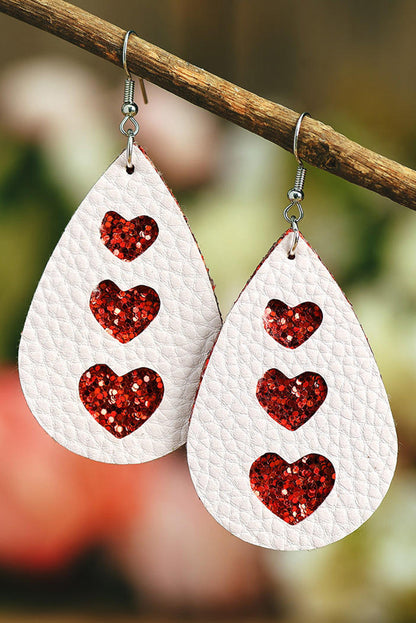 Valentines Heart Print Pu Leather Teardrop Dangle Earrings | White