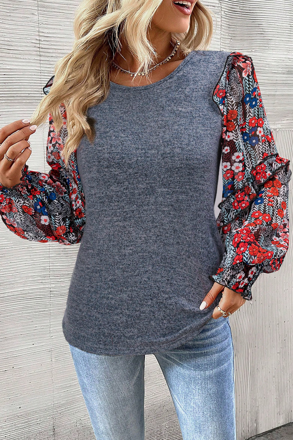 Ruffle Tiered Floral Sleeve Crew Neck Blouse | Blue