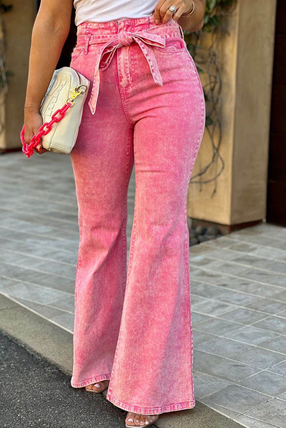 Flare Leg High Waist Front Knot Casual Jeans | Pink