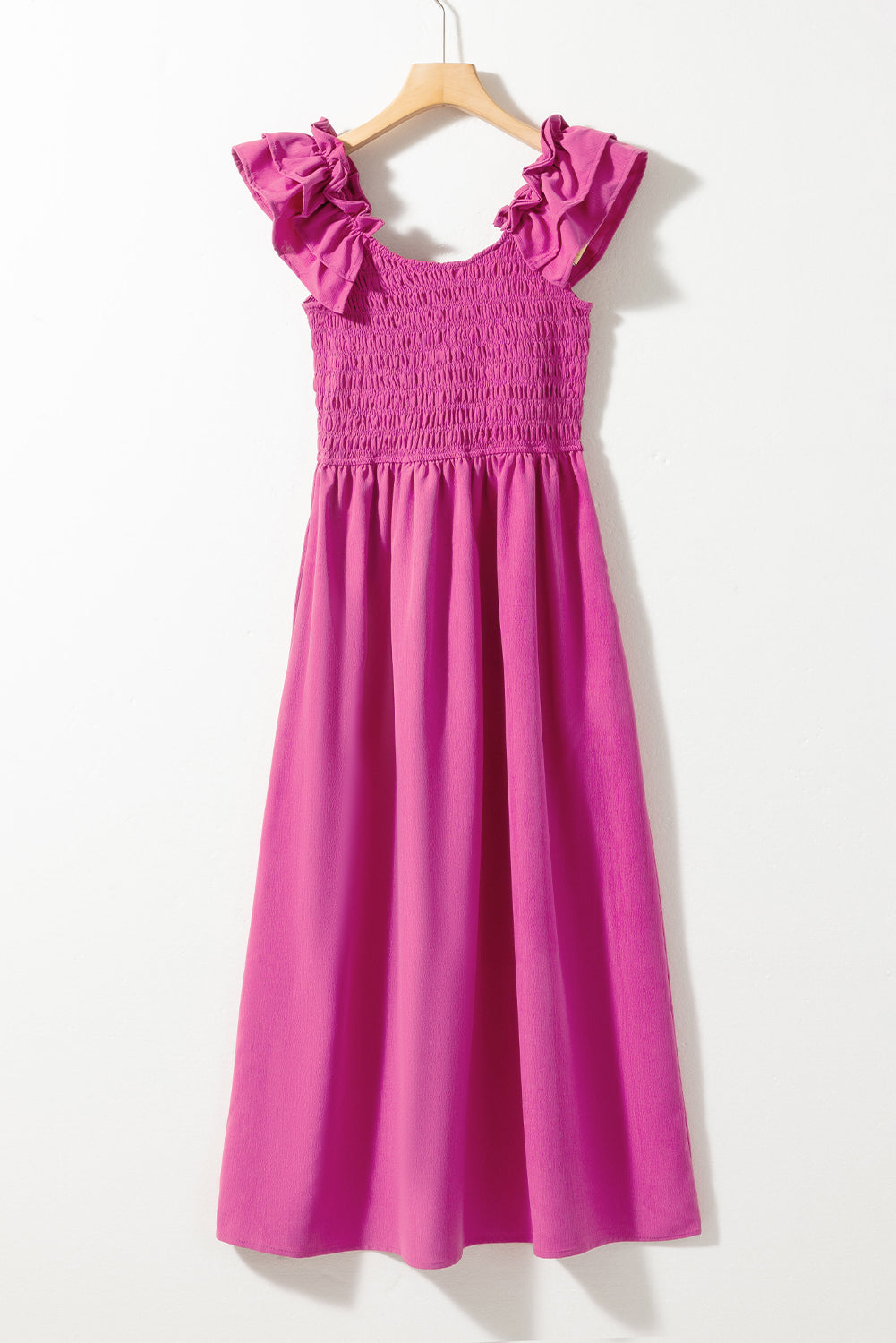 Solid Colour Ruffled Straps Smocked Ruched Maxi Dress | Rose Red