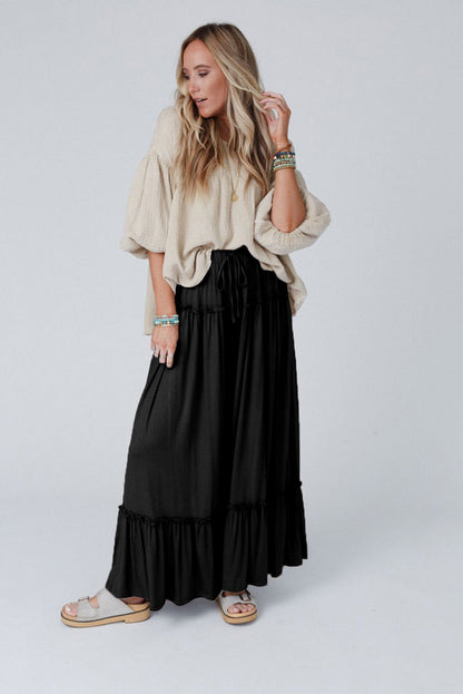 Frilled Drawstring High Waist Wide Leg Pants | Black