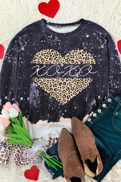 Xoxo Heart Leopard Splicing Pullover Sweatshirt | Black