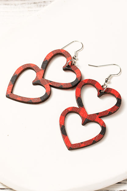 Valentines Day Plaid Double Love Heart Wooden Earrings | Fiery Red