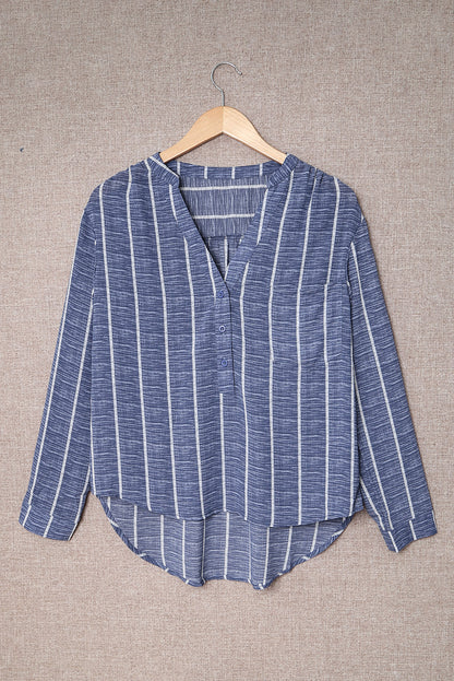 Striped V Neck Pocket Long Sleeve Top | Blue