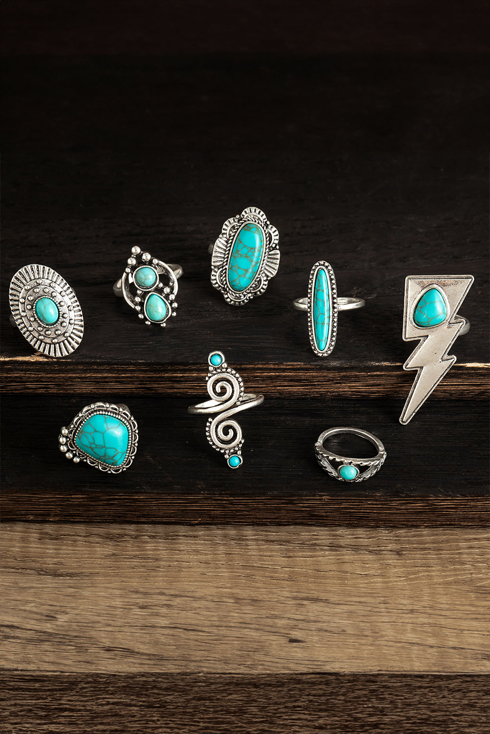 8Pcs Turquoise Inlay Western Ring Set | Silvery