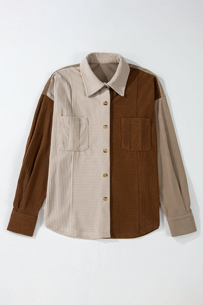 Colour Block Chest Pockets Buttoned Corduroy Shacket | Brown