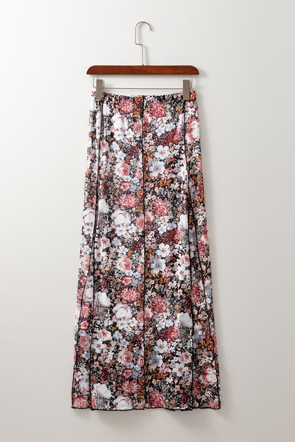 Floral Print High Waist Maxi Skirt | Brown