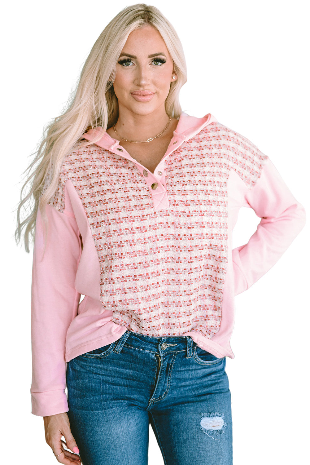 Striped Tweed Patchwork Button Casual Hoodie | Pink