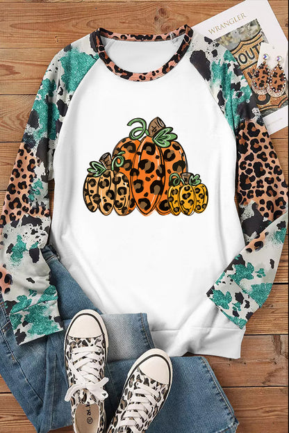 Leopard Pumpkin Graphic Raglan Long Sleeve Halloween Top | Multicolour