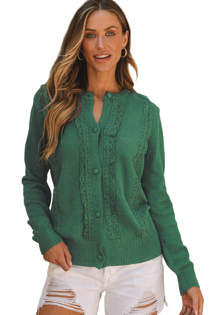 Lace Trim Ribbed Round Neck Button Up Cardigan | Green