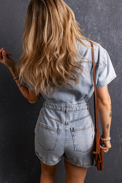 Vintage Washed Buttons Pocketed Denim Romper | Light Blue