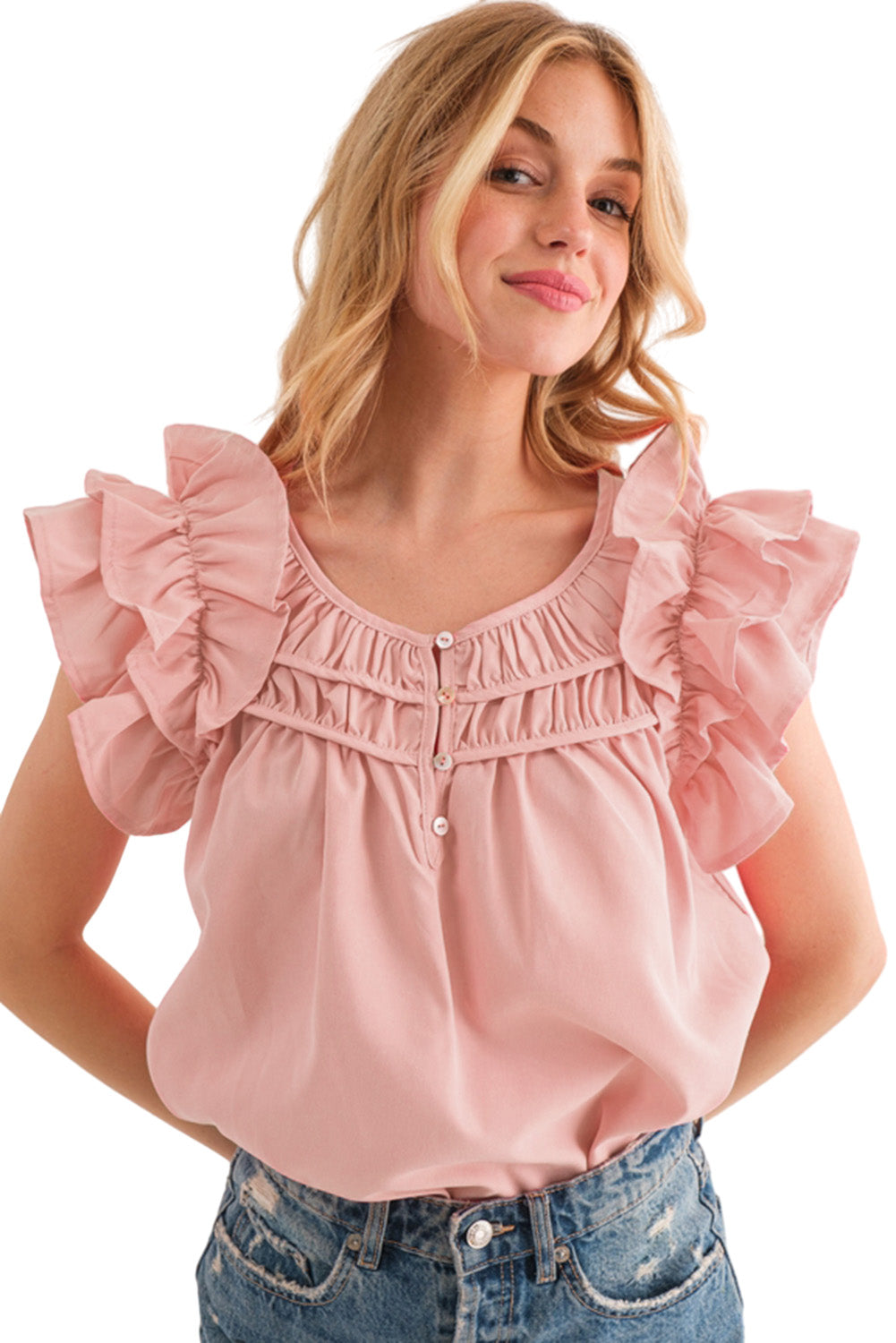 Shirring Buttoned Neck Ruffle Sleeve Blouse | Peach Blossom