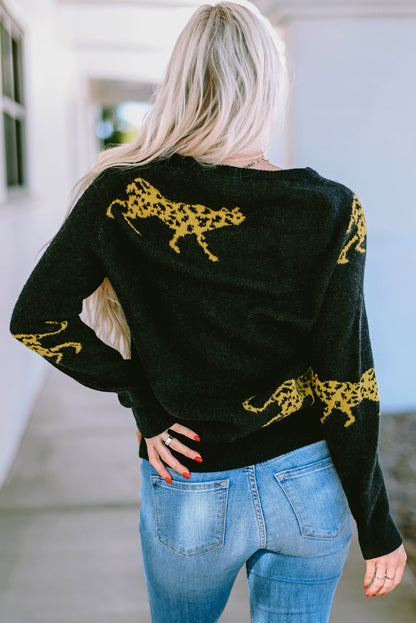 Cheetah Pattern Knit Round Neck Sweater | Black