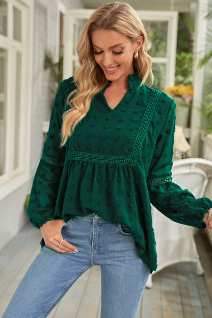 Ruffled Split Neck Lace Hollow Out Puff Sleeve Polka Dot Blouse | Green