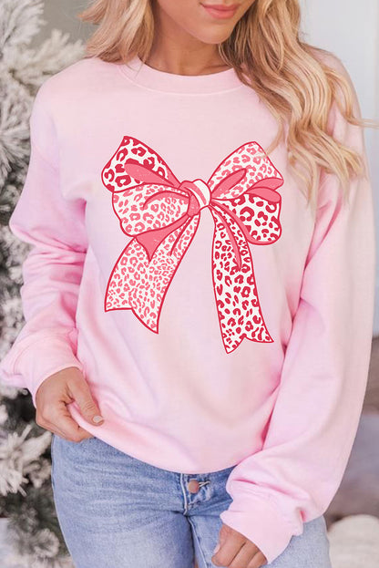 Leopard Bowknot Printed Crewneck Pullover Sweatshirt | Pink