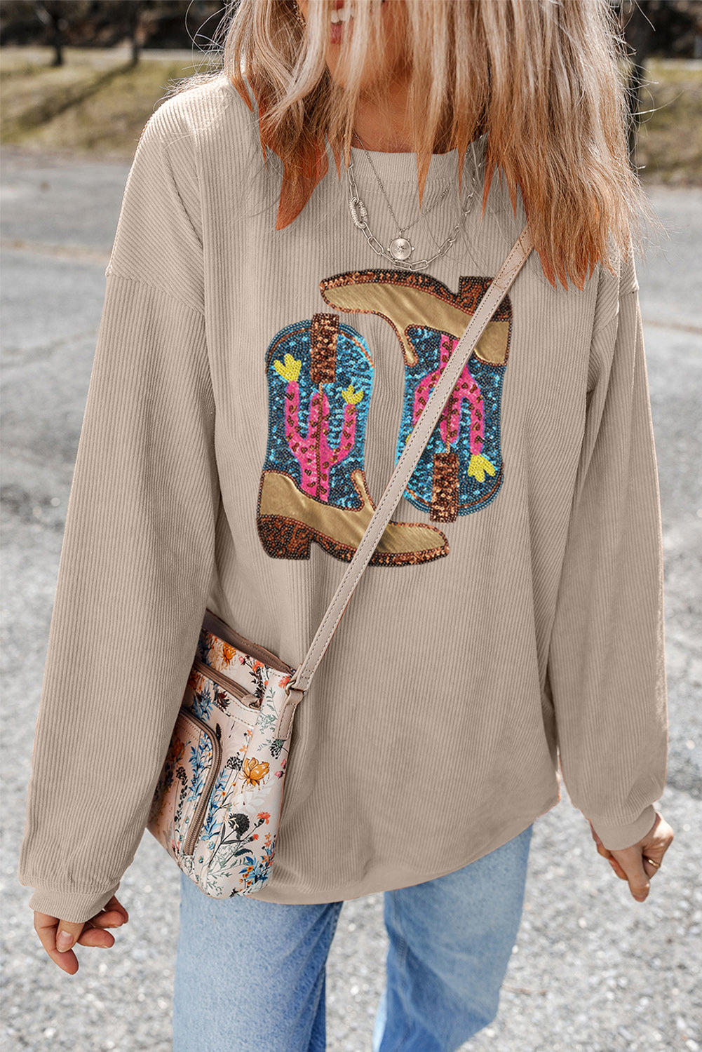 Western Cowboy Boots Graphic Corded Loose Sweatshirt | Smoke Gray