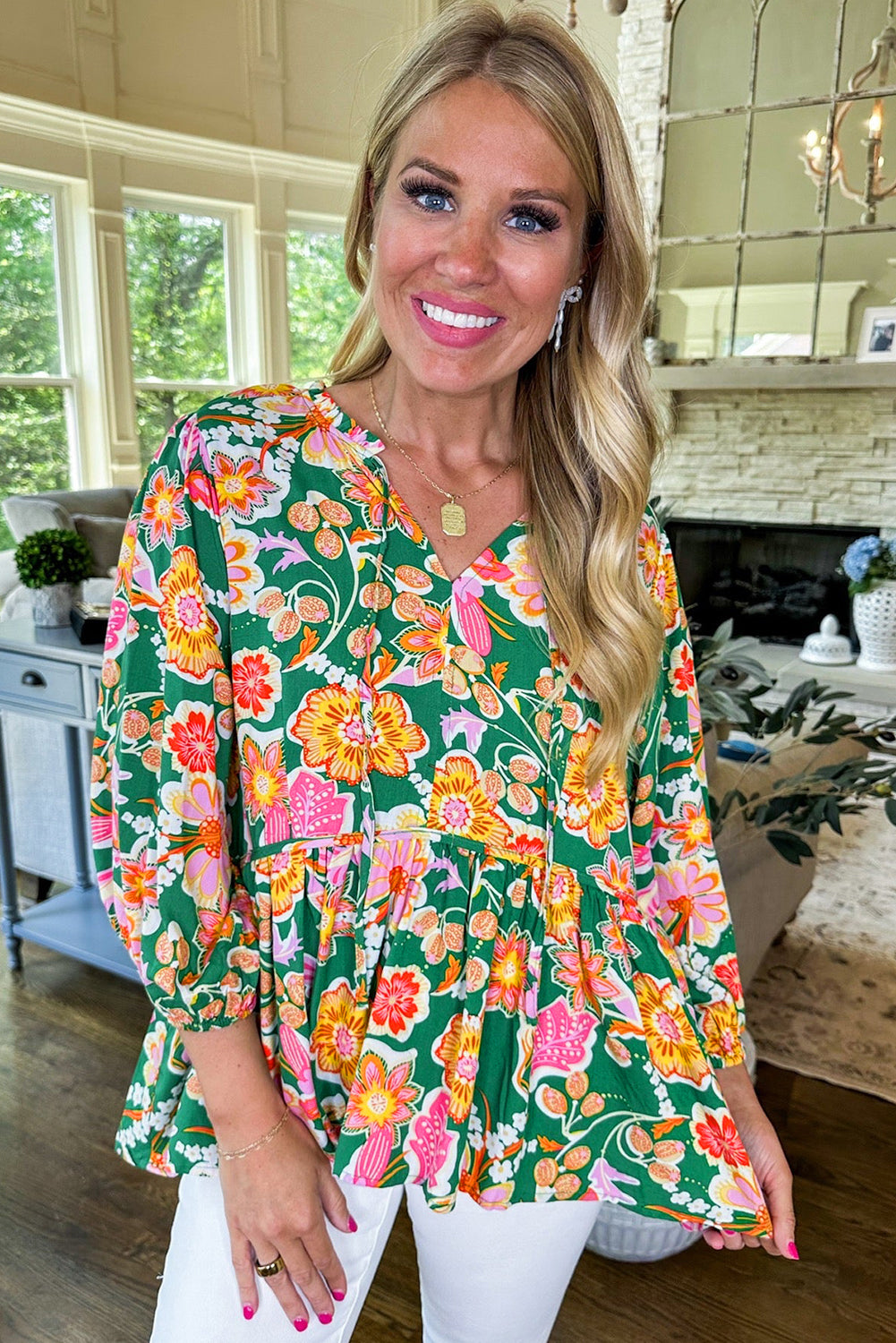 Floral Puff Sleeve V Neck Peplum Blouse | Green