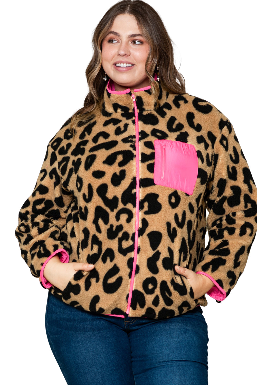 Plus Size Colour Block Chest Pocket Sherpa Jacket | Leopard