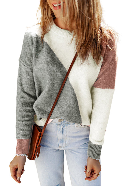 Colourblock Ribbed Trim Round Neck Sweater | Gray